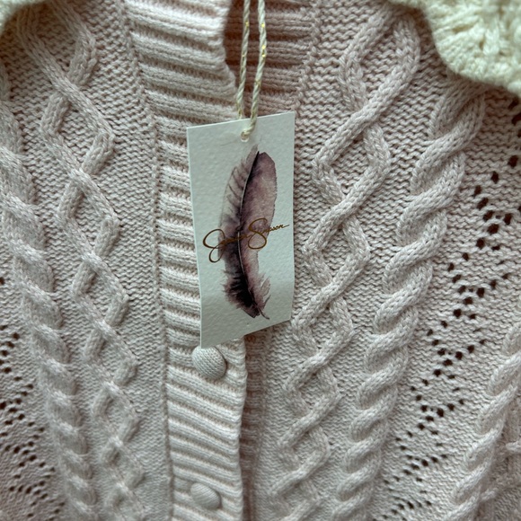 Jessica Simpson Light Pink Cable Knit Cardigan with Cream Lace Collar Valentines - Picture 4 of 10